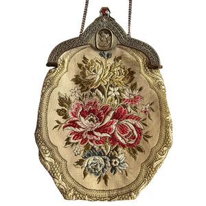 Vintage Floral Silk Embroidered Shoulder Purse, Tapestry Handbag Brocade Cameo